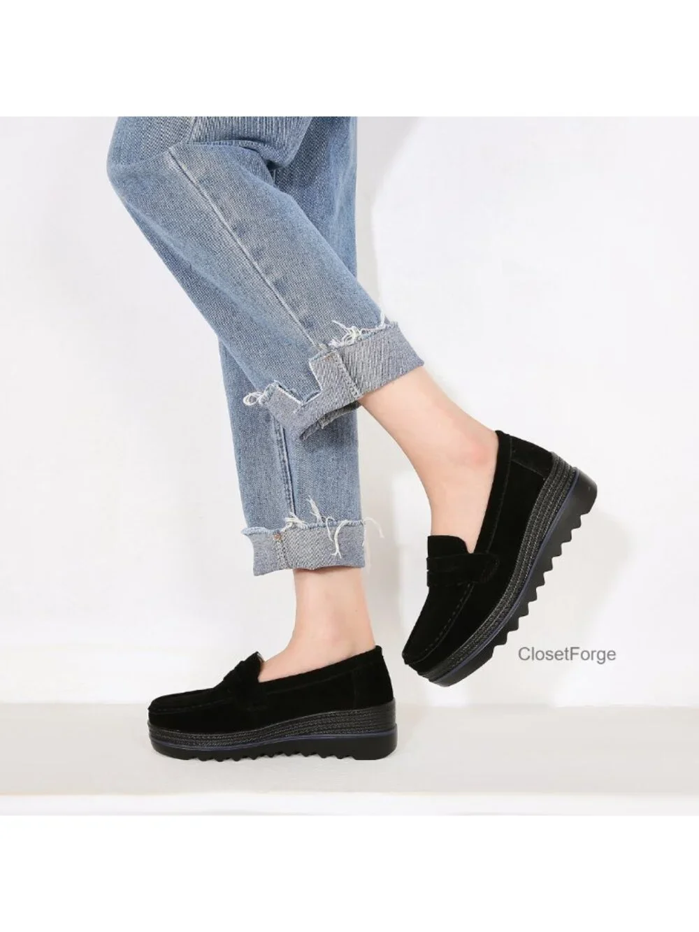 Women's Slip-On Platform Loafers Suede Wedge Mocs Low-Top Lightweight Casual